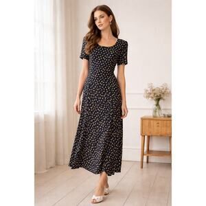 Vintage Elizabeth Wayman Navy Floral Midi Dress Size 6 Blue Floral 90s bias cut